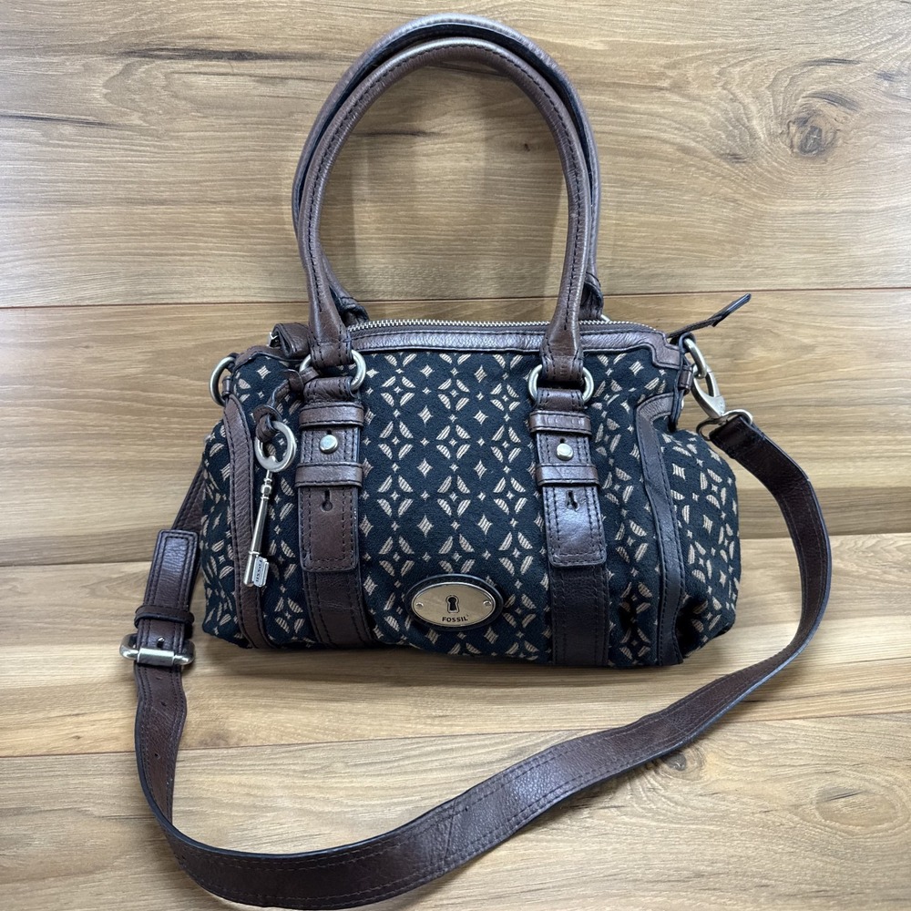 Fossil Y2K Maddox Satchel Black Brown Geo Zip Medium Crossbody Casual
